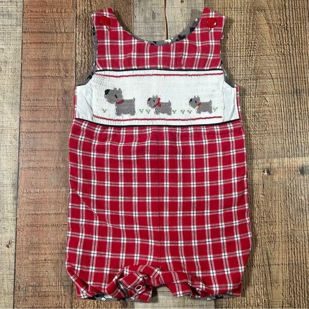 Hand Smocked Baby Romper 3 Months Scottie Dog Plaid Handmade Lined Vintage
